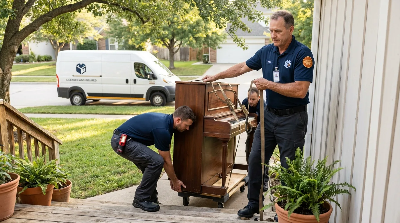 Licensed piano movers securing grand piano in Stanleytown, VA