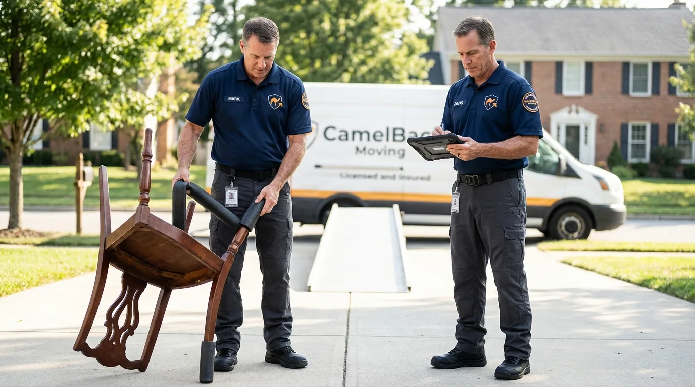 Movers inspecting furniture for damage prevention before loading in Stanleytown, VA