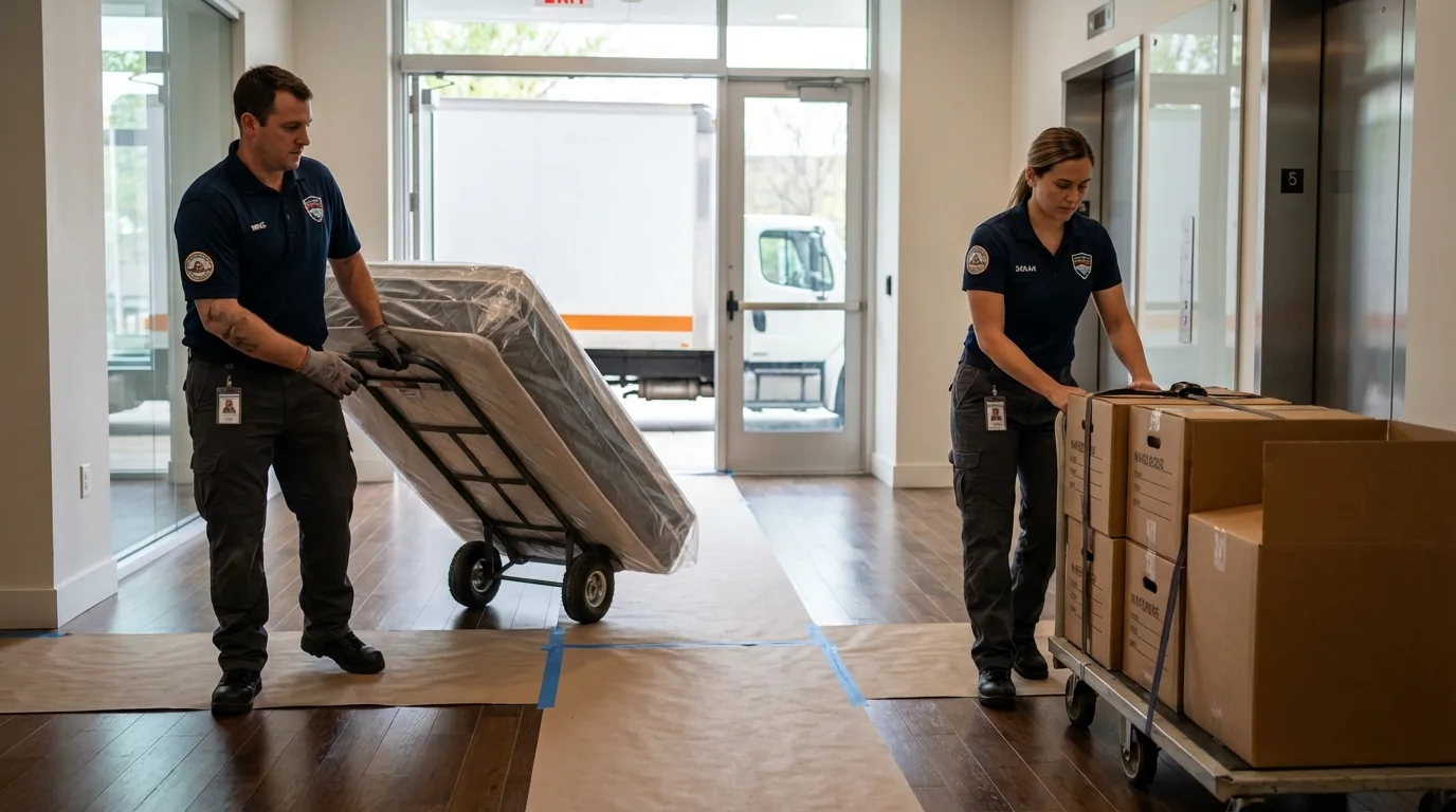 Professional apartment movers loading elevator in Stanleytown, VA